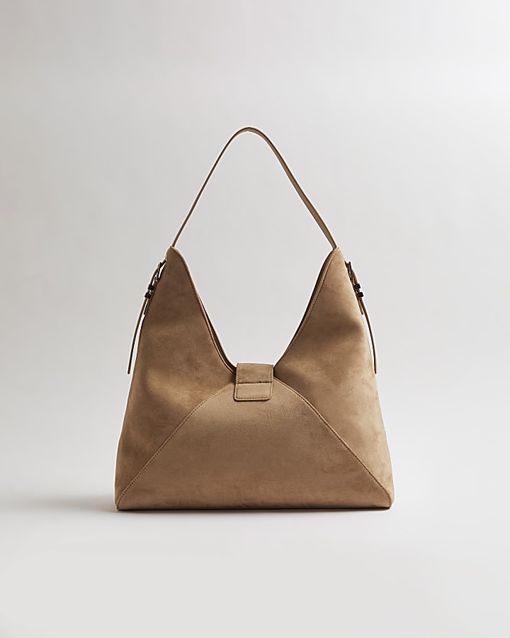 Beige 3D Floral Faux Suede Slouch Bag