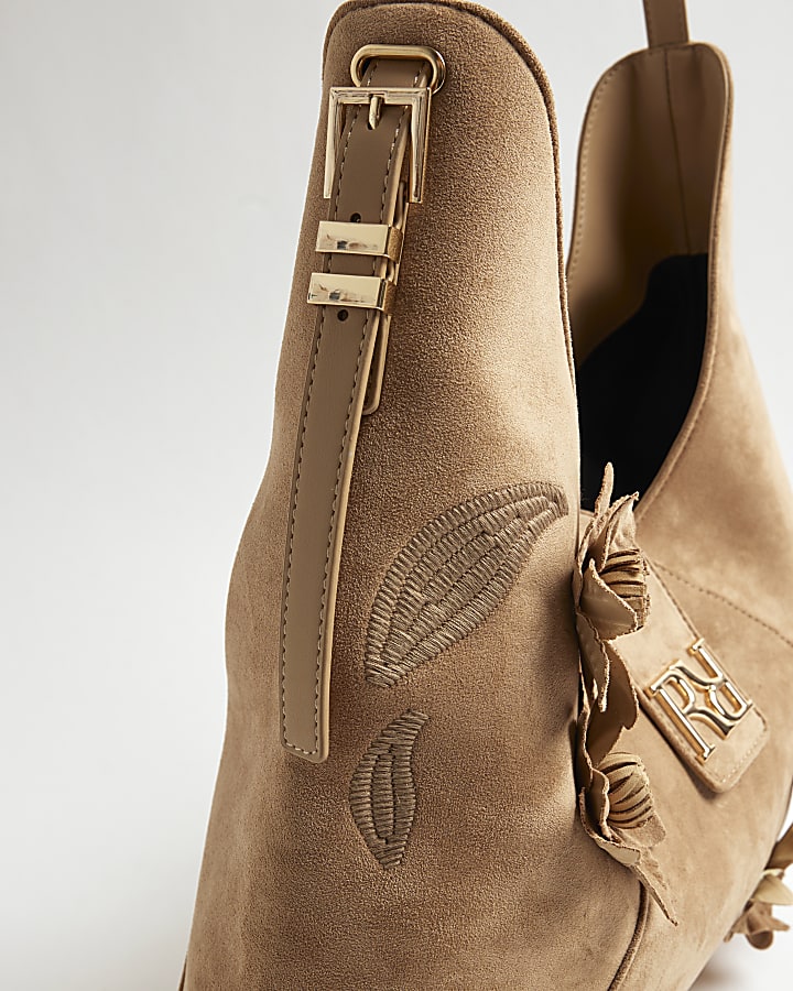 Beige 3D Floral Faux Suede Slouch Bag