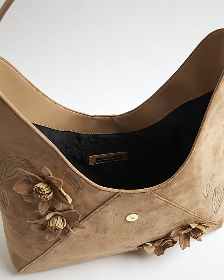 Beige 3D Floral Faux Suede Slouch Bag