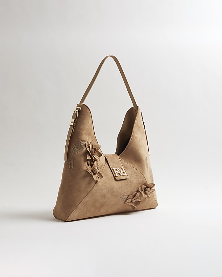 Beige 3D Floral Faux Suede Slouch Bag
