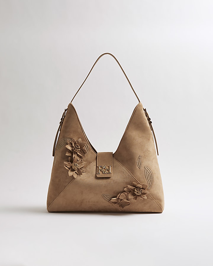 Beige 3D Floral Faux Suede Slouch Bag