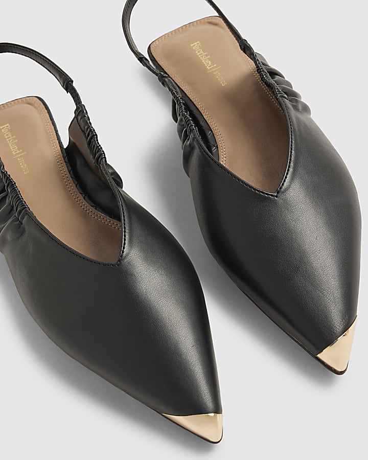 Black Metal Point Toe Flat Shoes