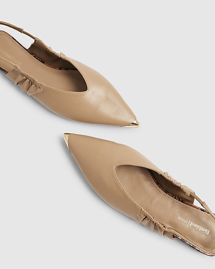 Beige Metal Point Toe Flat Shoes