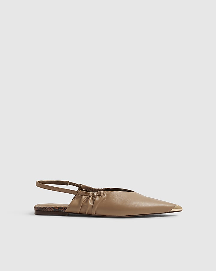 Beige Metal Point Toe Flat Shoes