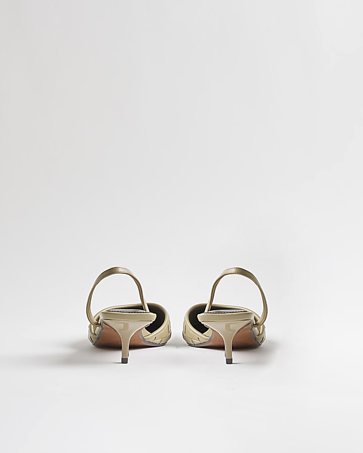 Green Woven Slingback Kitten Heel Court Shoes