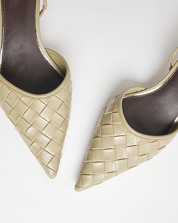 Green Woven Slingback Kitten Heel Court Shoes