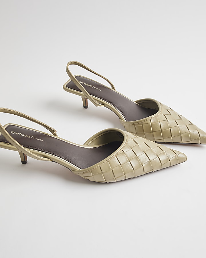 Green Woven Slingback Kitten Heel Court Shoes