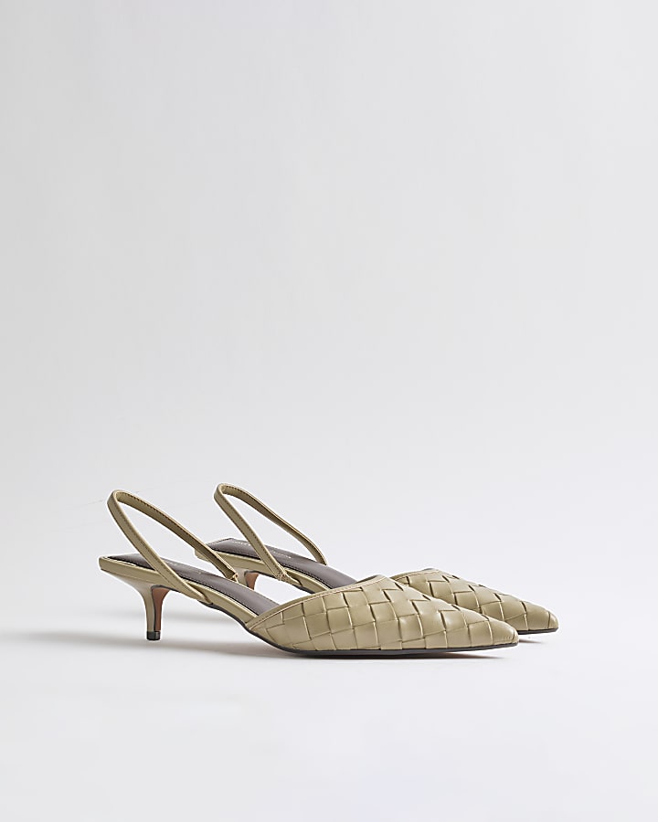 Green Woven Slingback Kitten Heel Court Shoes