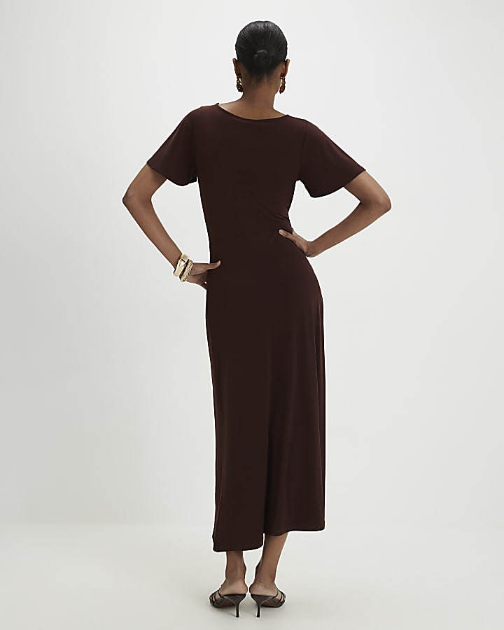 Brown Short Sleeve Cinched Waist Midi Dress