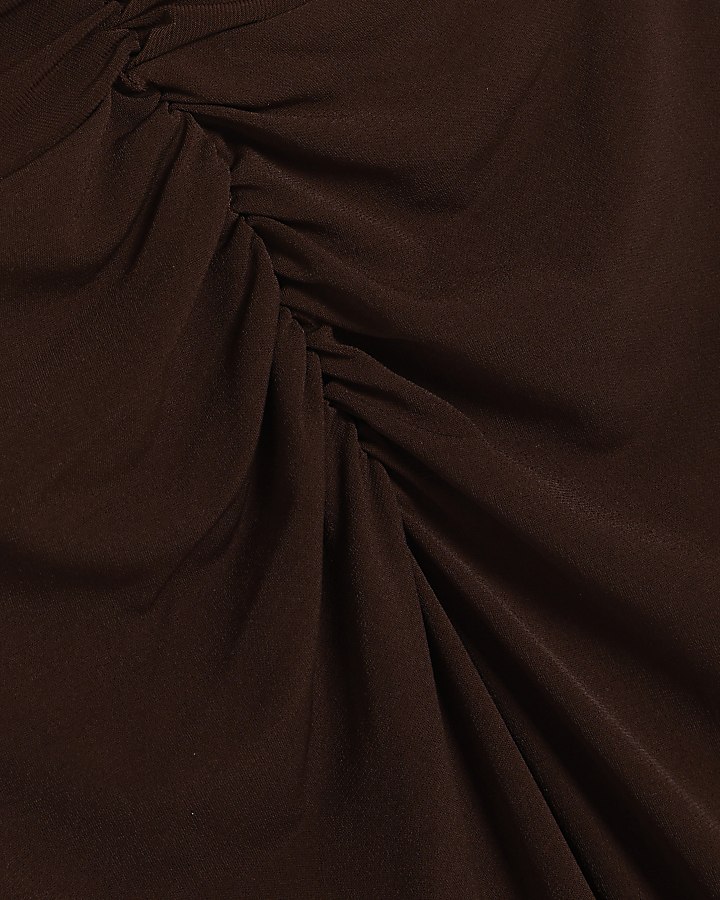 Brown Short Sleeve Cinched Waist Midi Dress