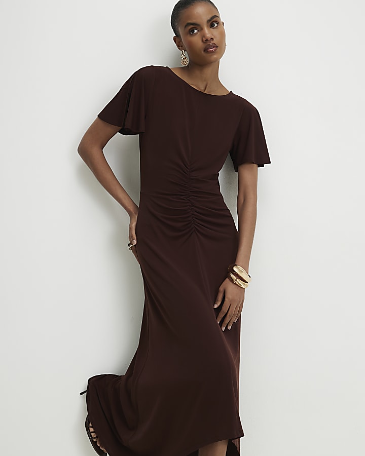 Brown Short Sleeve Cinched Waist Midi Dress