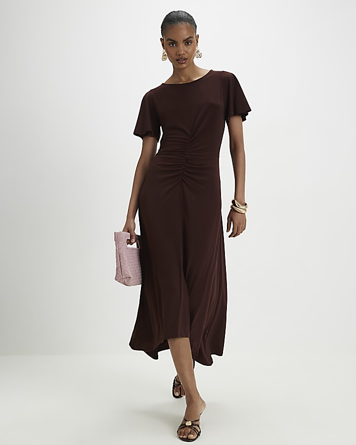 Brown Short Sleeve Cinched Waist Midi Dress