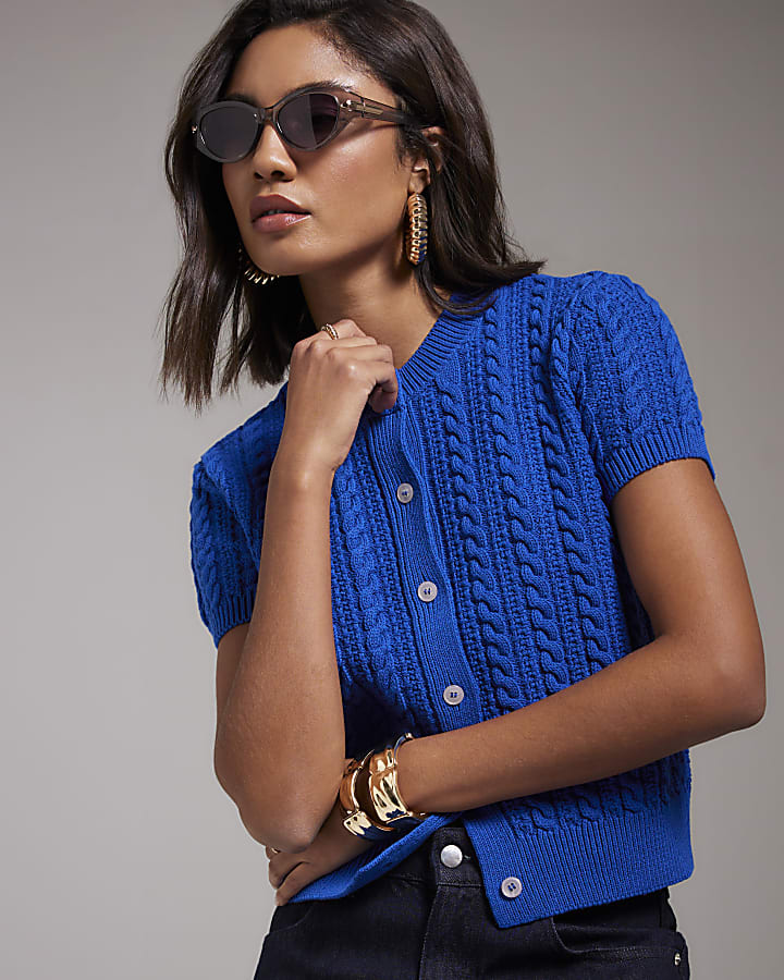 Blue Cable Knit Button Up Top