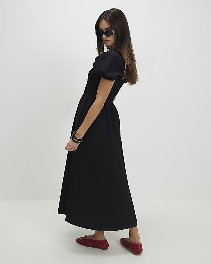Black Shirred Midi dress