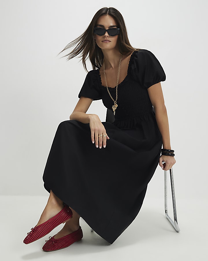 Black Shirred Midi dress