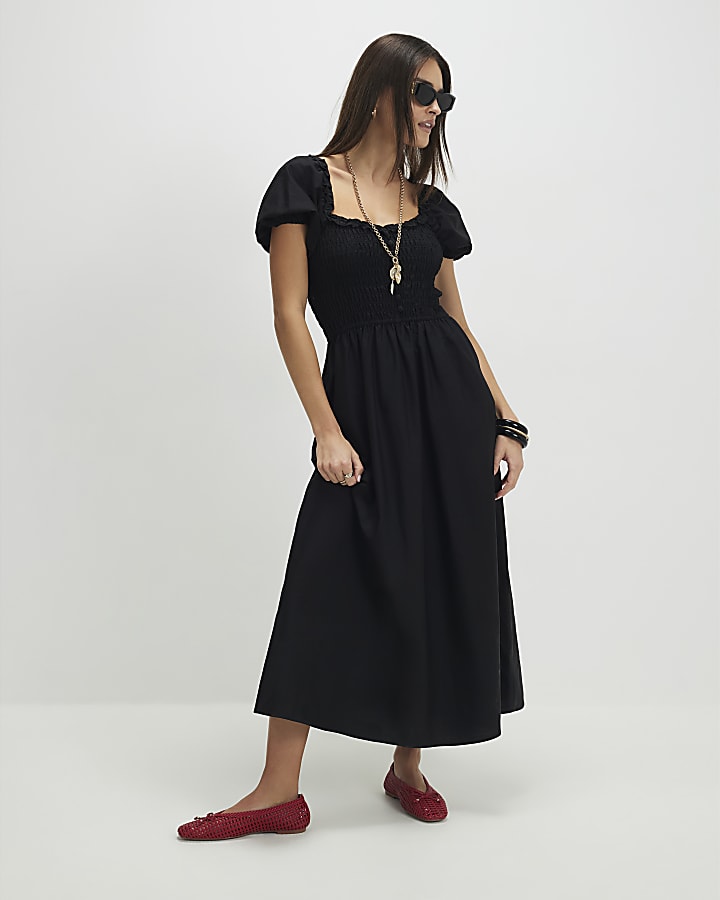 Black Shirred Midi dress