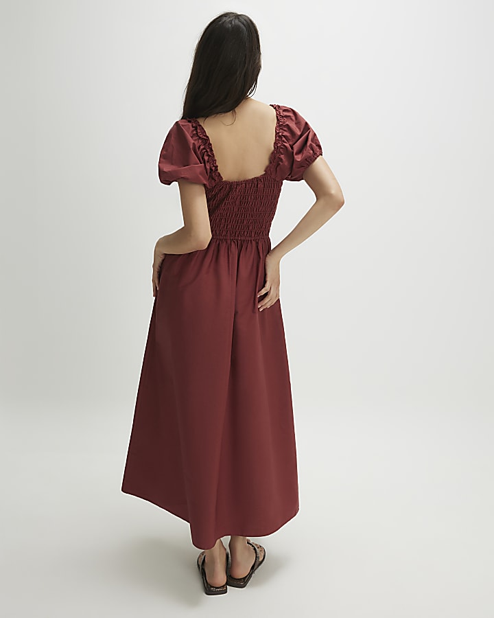 Brown Cotton Shirred Midi dress