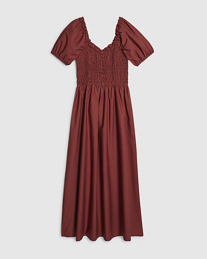 Brown Cotton Shirred Midi dress