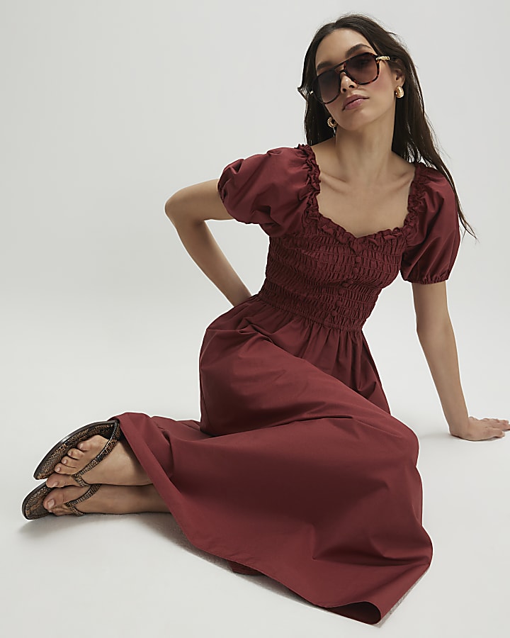 Brown Cotton Shirred Midi dress