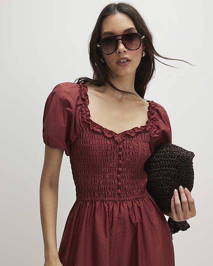 Brown Cotton Shirred Midi dress