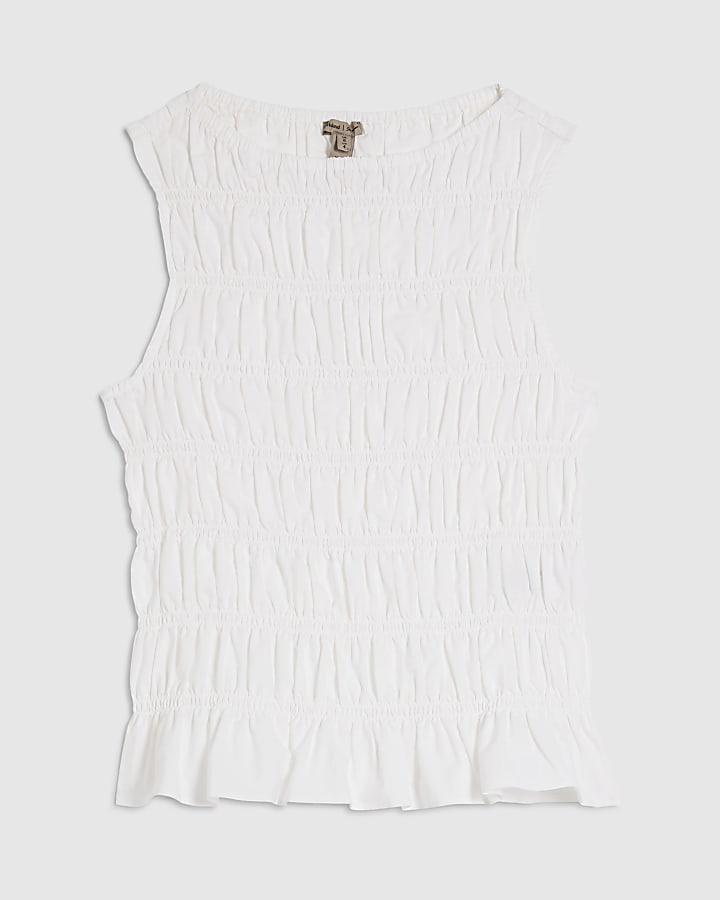 White Cotton Sleeveless Shirred Tank Top
