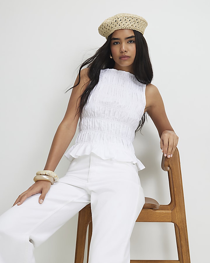 White Cotton Sleeveless Shirred Tank Top