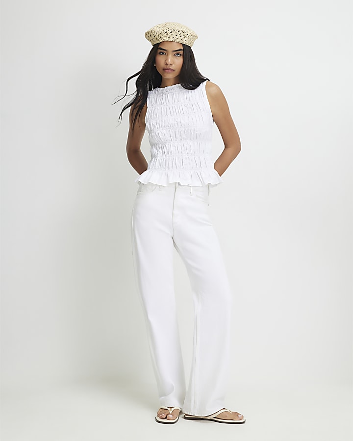 White Cotton Sleeveless Shirred Tank Top