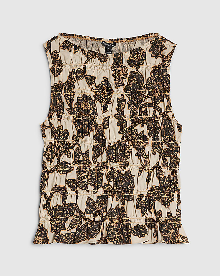 Beige Sleeveless Floral Shirred Tank Top