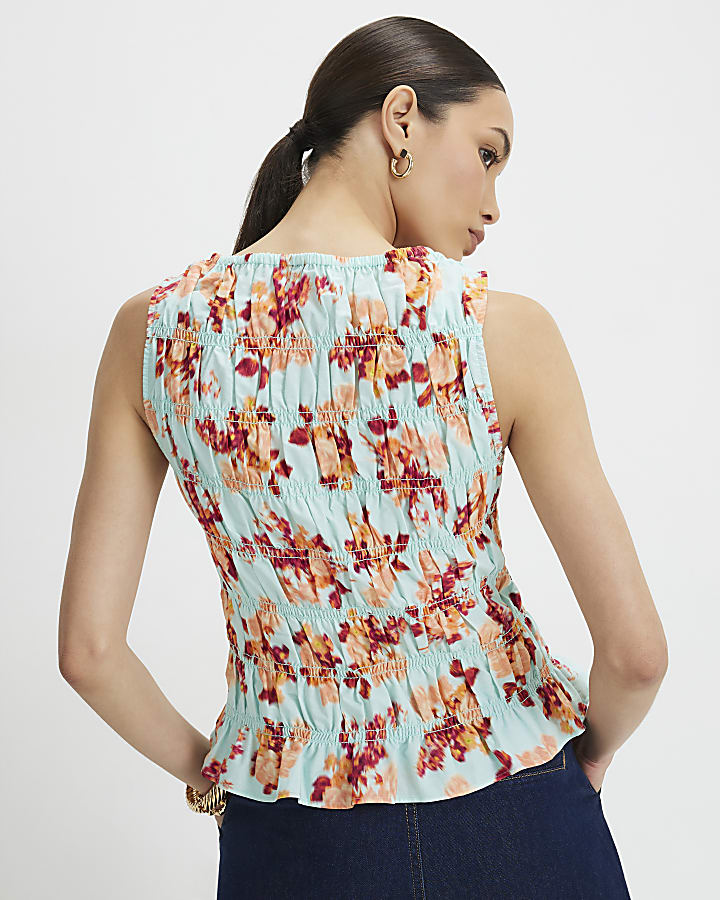 Blue Cotton Floral Shirred Tank Top