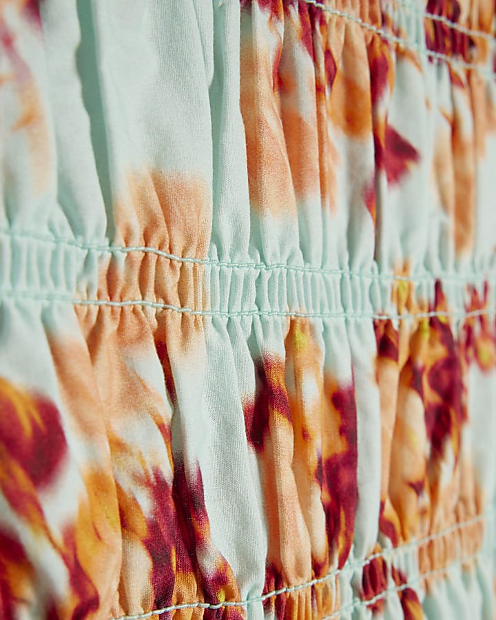 Blue Cotton Floral Shirred Tank Top