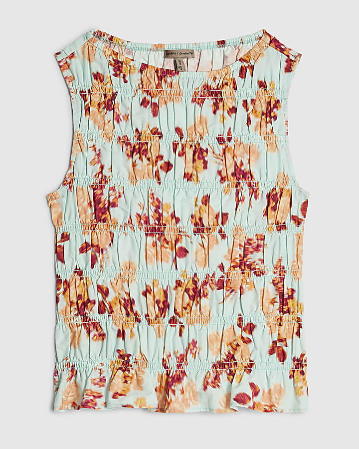 Blue Cotton Floral Shirred Tank Top