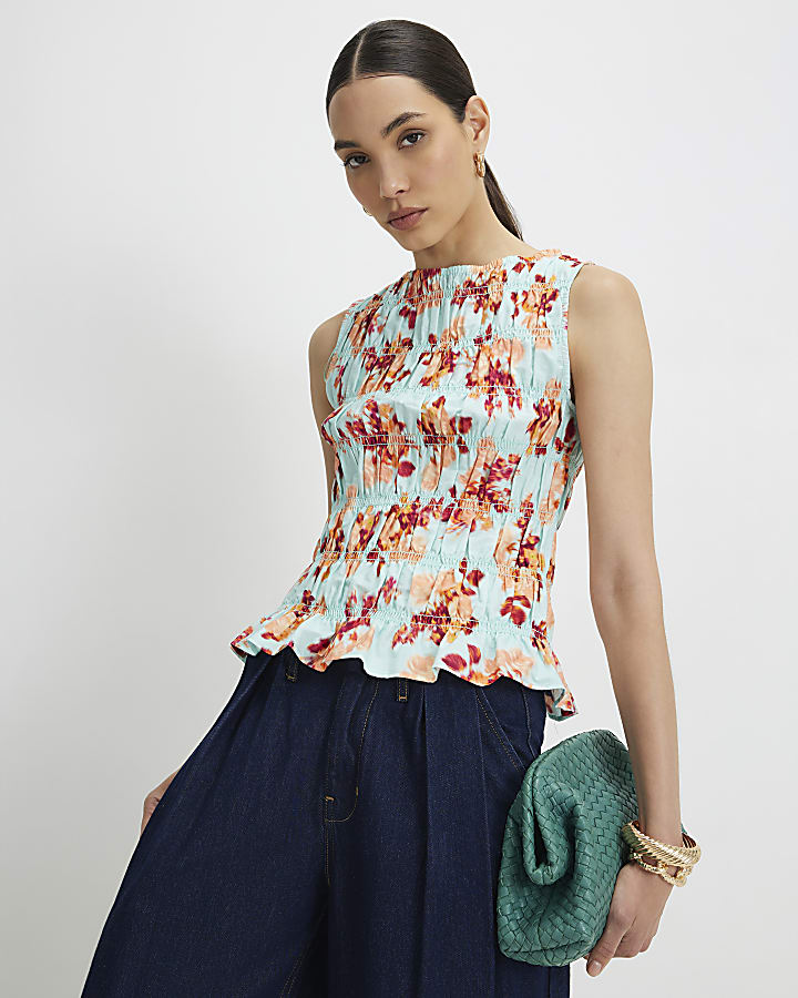 Blue Cotton Floral Shirred Tank Top