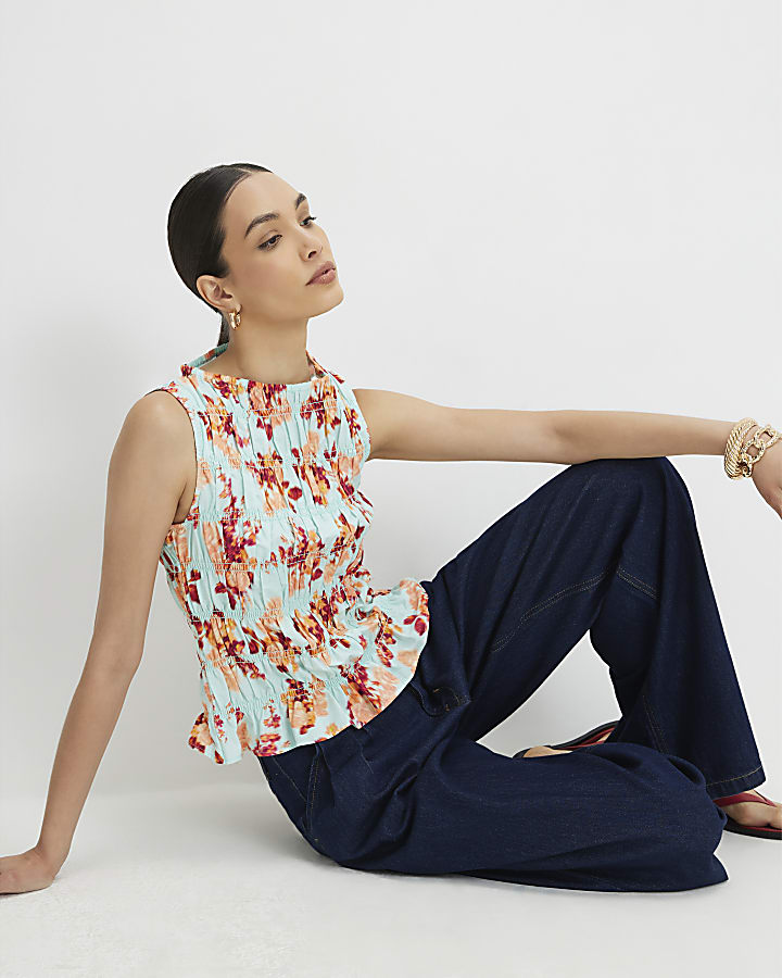 Blue Cotton Floral Shirred Tank Top
