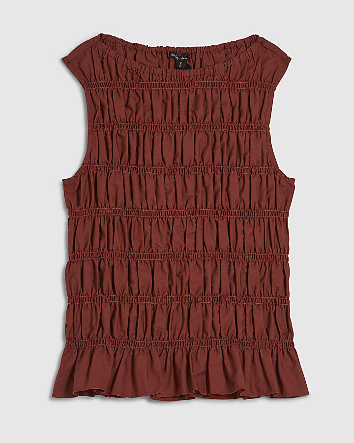 Red Cotton Sleeveless Shirred Tank Top