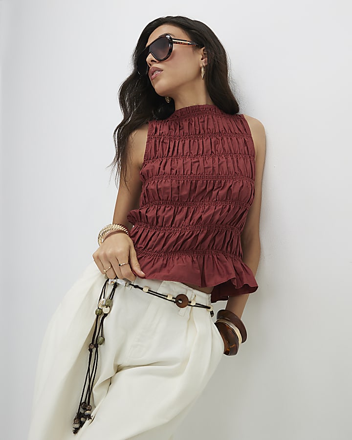 Red Cotton Sleeveless Shirred Tank Top