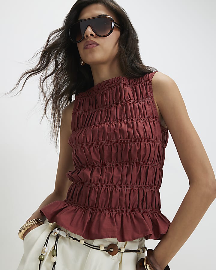Red Cotton Sleeveless Shirred Tank Top
