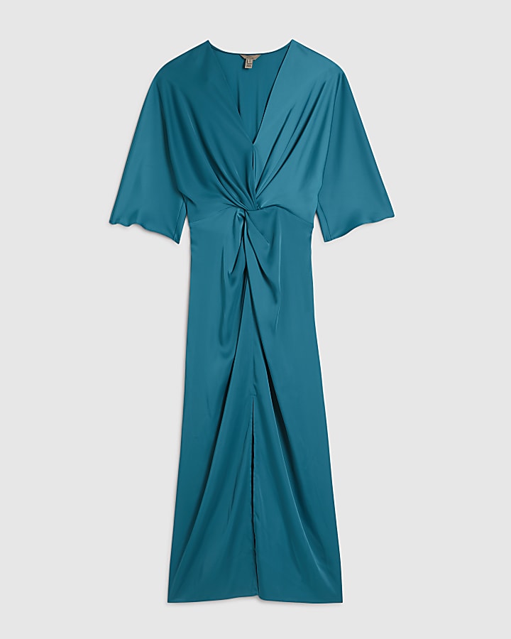 Green Long Sleeve Twist Front Midi Dress