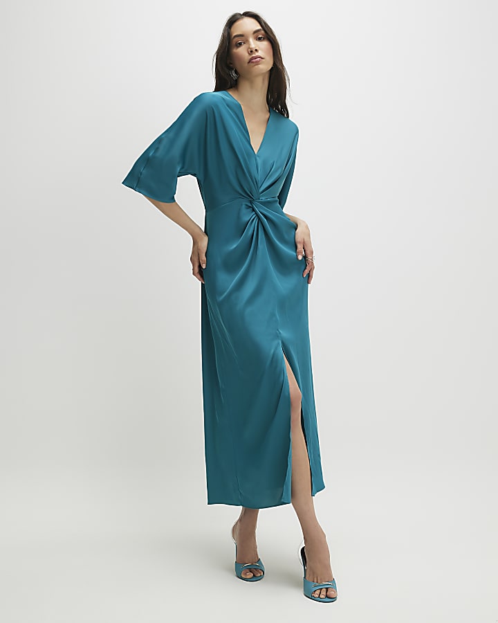 Green Long Sleeve Twist Front Midi Dress