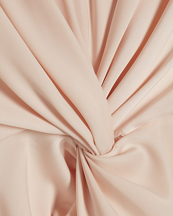 Pink Short Sleeve Twist Front Midi Dress