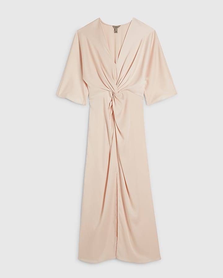 Pink Short Sleeve Twist Front Midi Dress