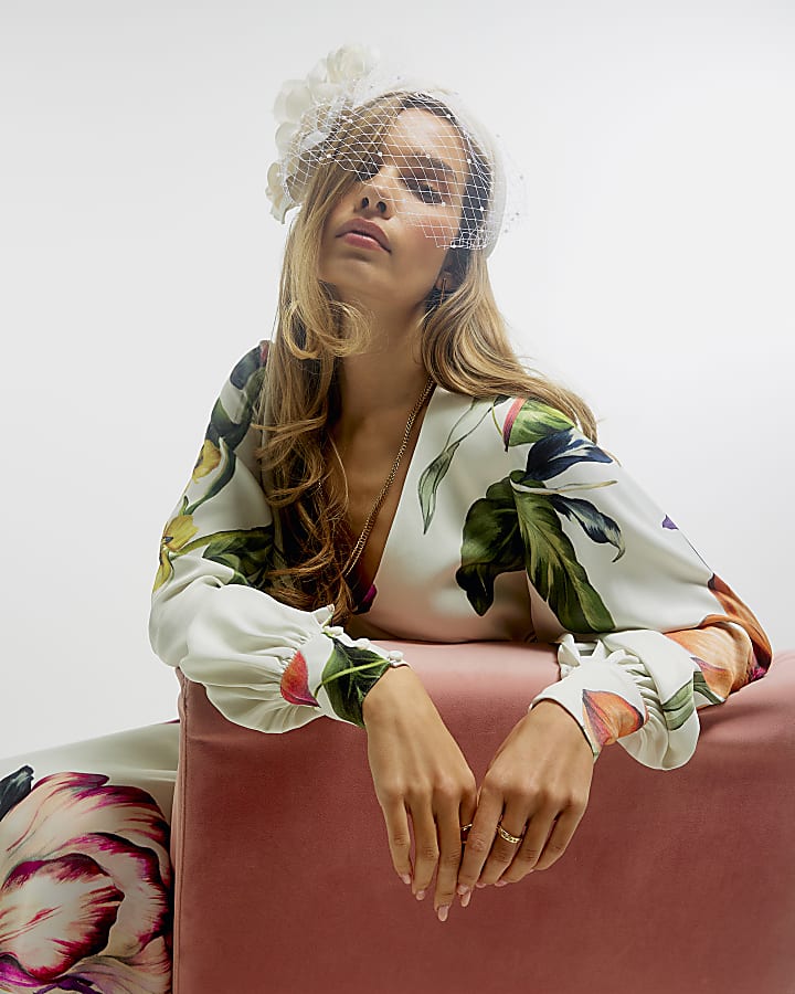 Cream Premium Floral Split Sleeve Midi Dress