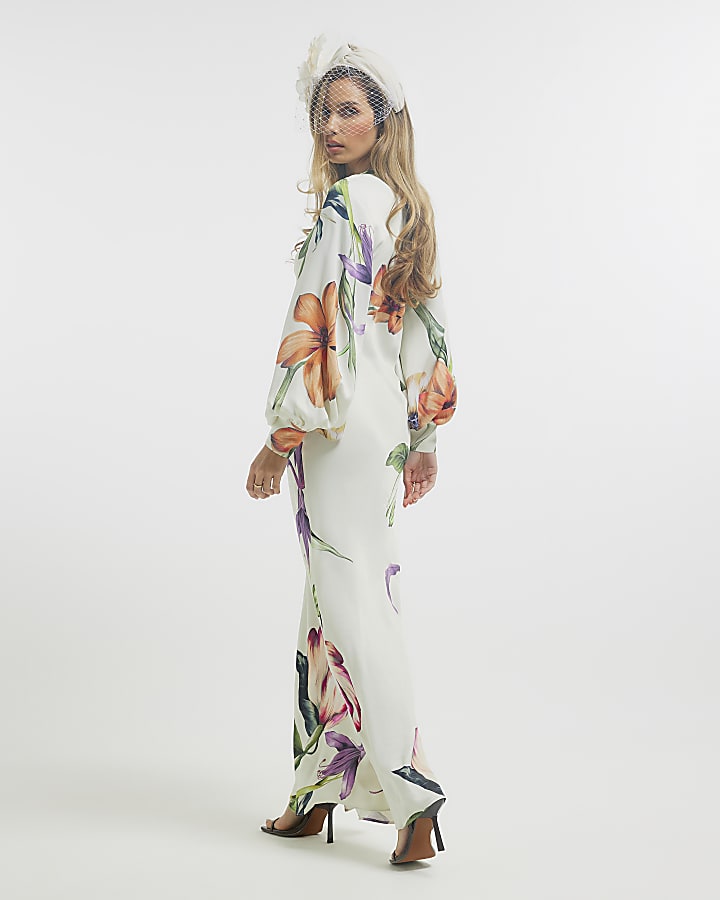Cream Premium Floral Split Sleeve Midi Dress