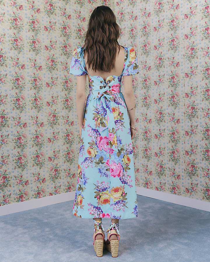 Blue Gathered Hip Floral Midi Dress