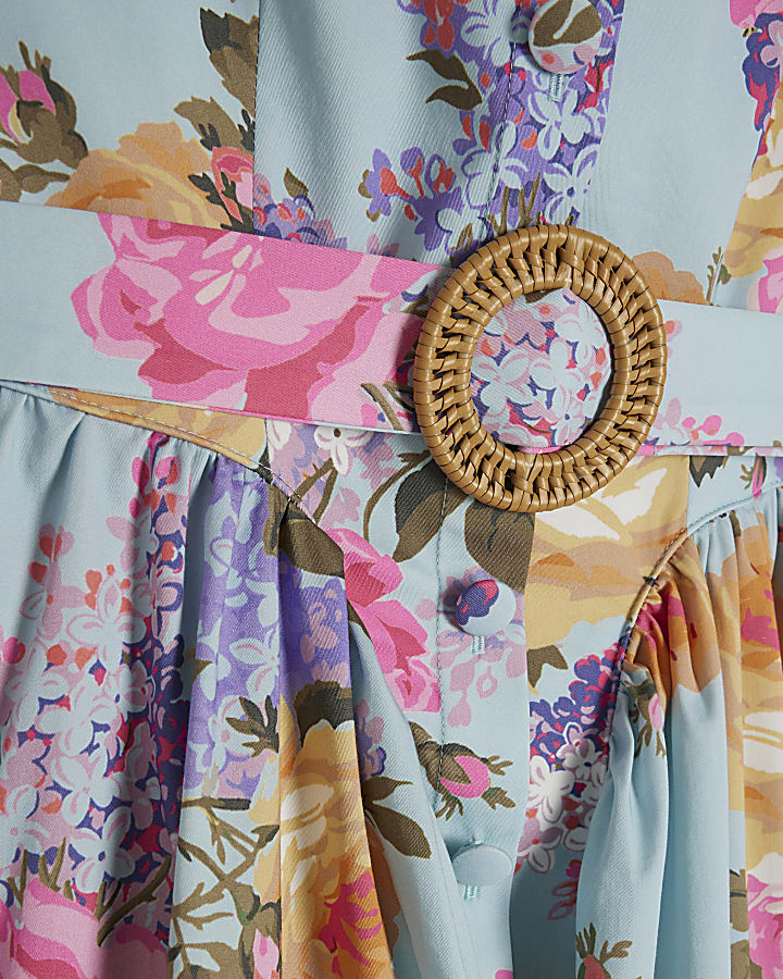 Blue Gathered Hip Floral Midi Dress