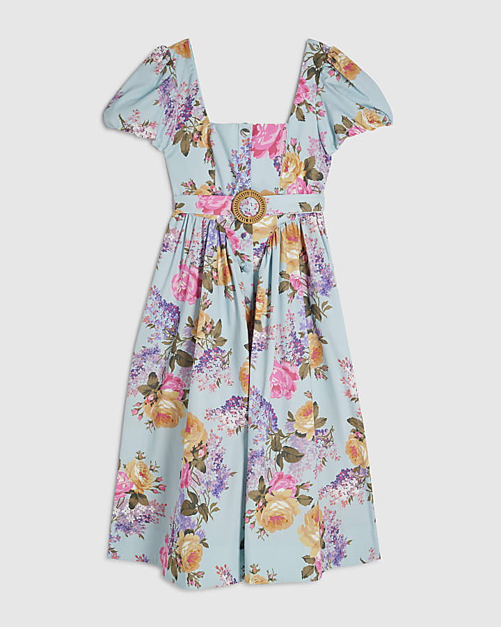 Blue Gathered Hip Floral Midi Dress