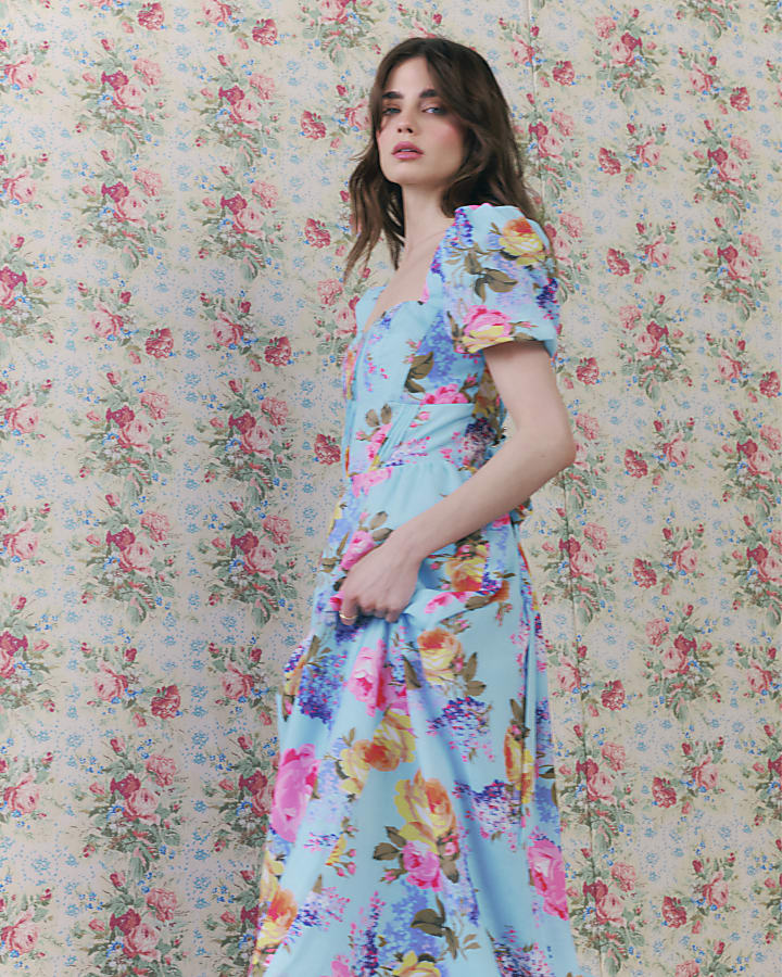 Blue Gathered Hip Floral Midi Dress