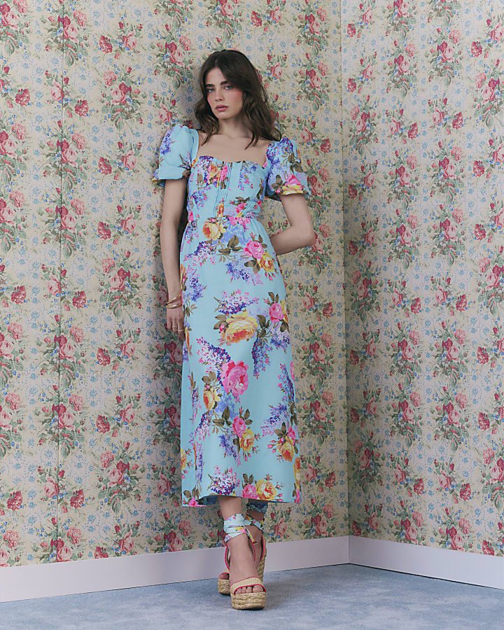 Blue Gathered Hip Floral Midi Dress