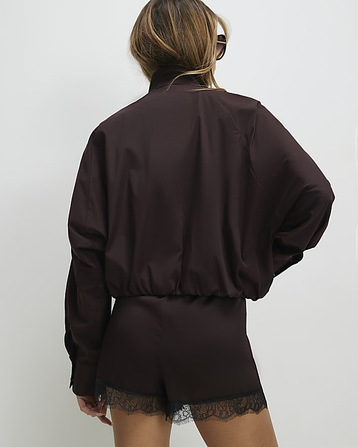 Brown Zip Front Cropped Shacket