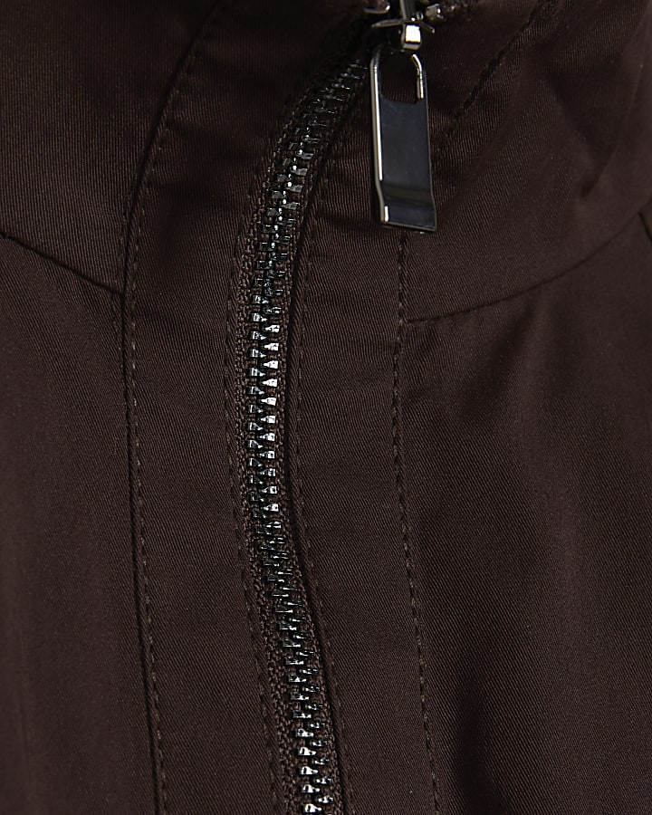 Brown Zip Front Cropped Shacket