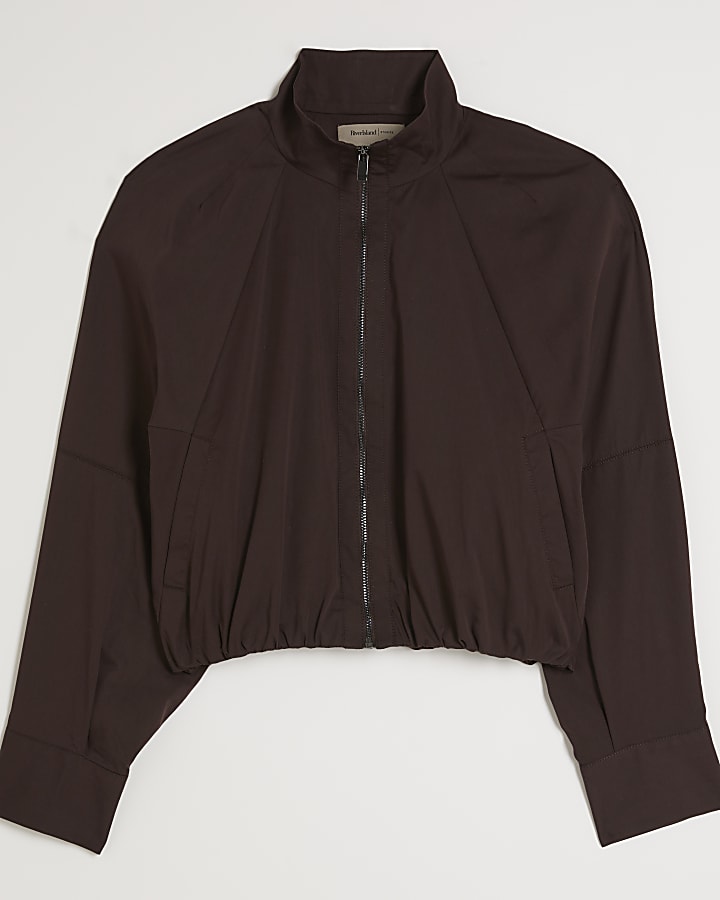 Brown Zip Front Cropped Shacket